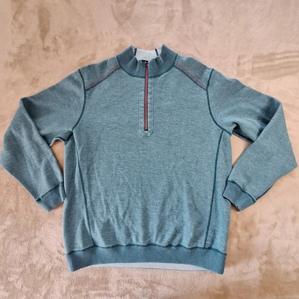 Tommy Bahama Sweater Mens Large Blue 1/4 Zip Mock Neck Waffle Knit Pullover
